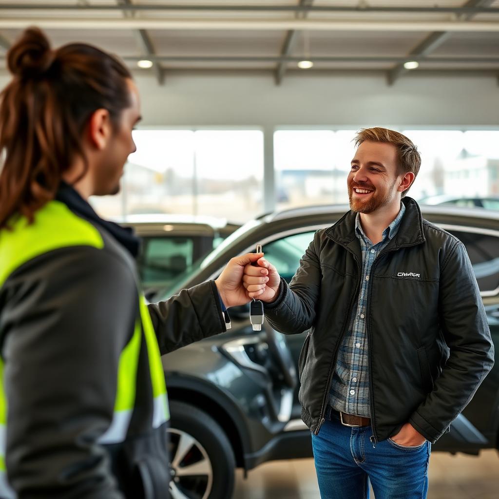 Colorado car dealership salesperson handing keys to a happy customer