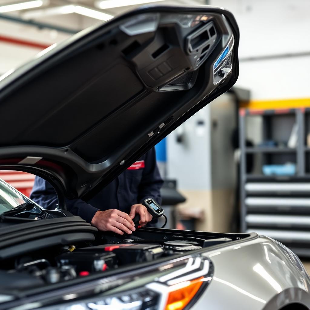 Colorado auto mechanic using a diagnostic scanner under the hood