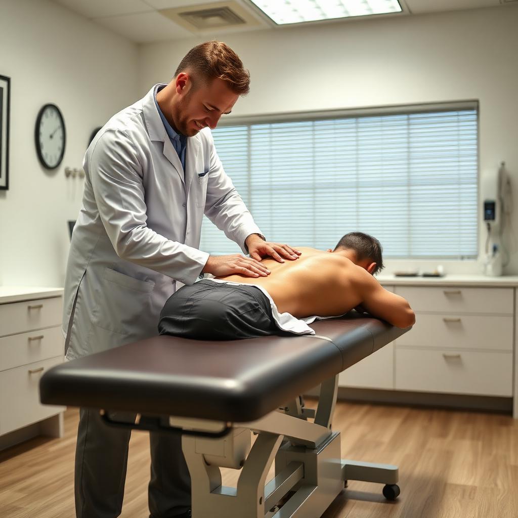 Chiropractor adjusting a patient on a treatment table in a Colorado clinic