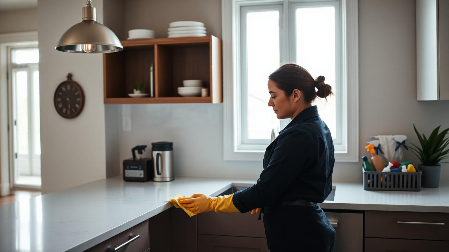 Professional cleaner in a bright modern Colorado kitchen — Colorado Web Impressions