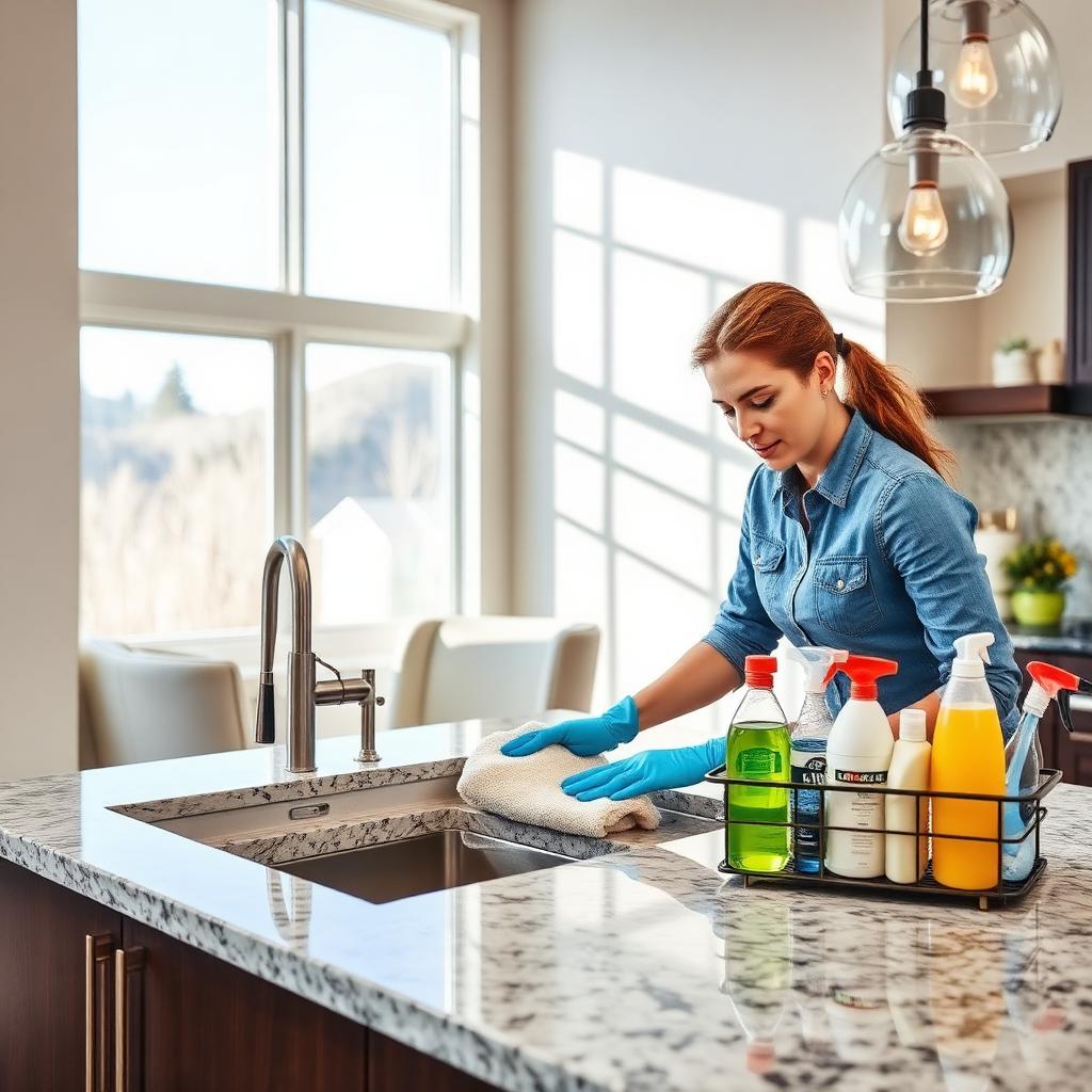 Professional cleaner wiping a granite countertop in a bright Colorado home
