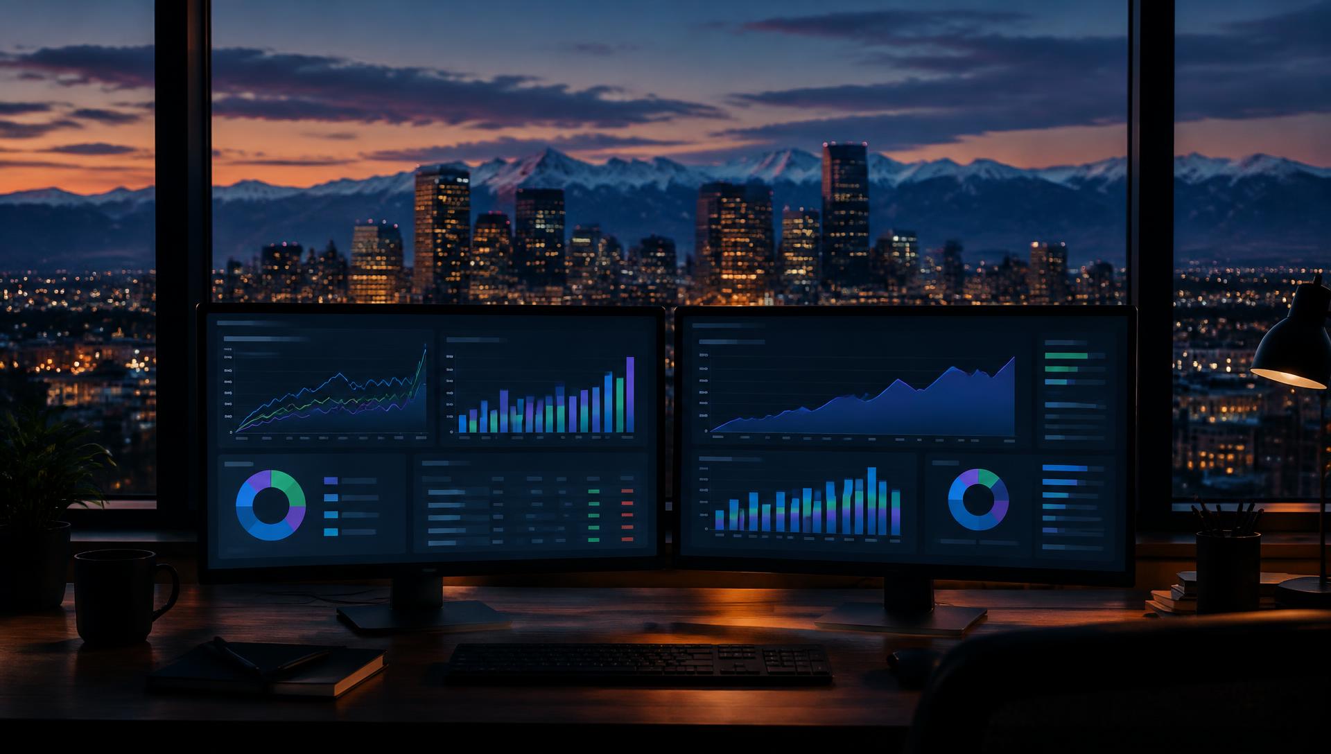 Colorado Google Ads PPC campaign dashboards with Denver skyline — Colorado Web Impressions