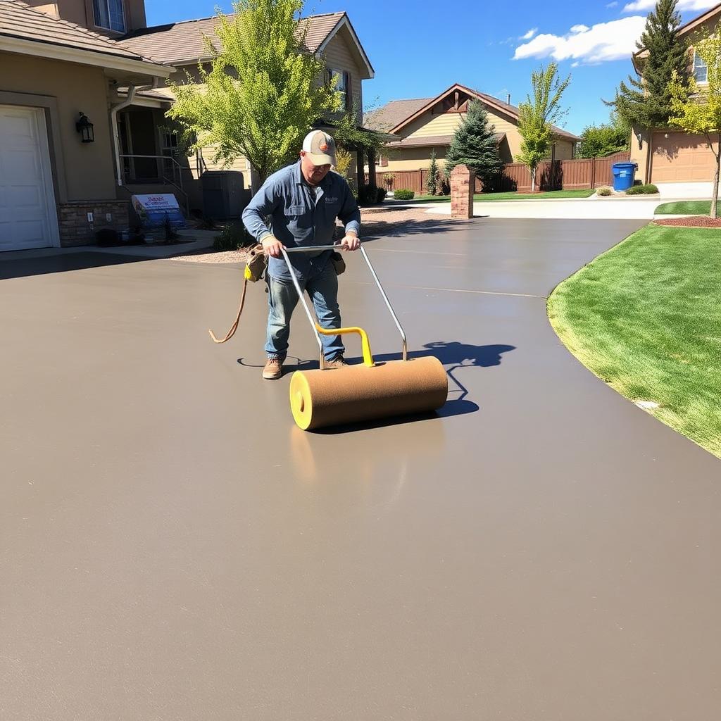 Colorado concrete contractor finishing a freshly poured residential driveway
