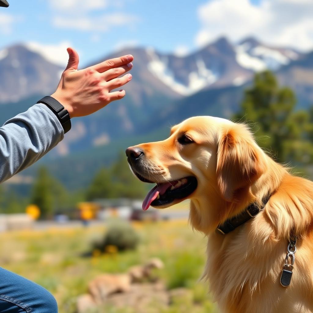 Colorado dog trainer working with a golden retriever in a mountain park