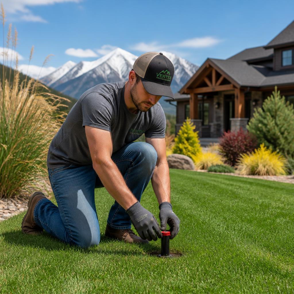 Colorado landscaper installing turf and sprinkler heads at a Front Range home