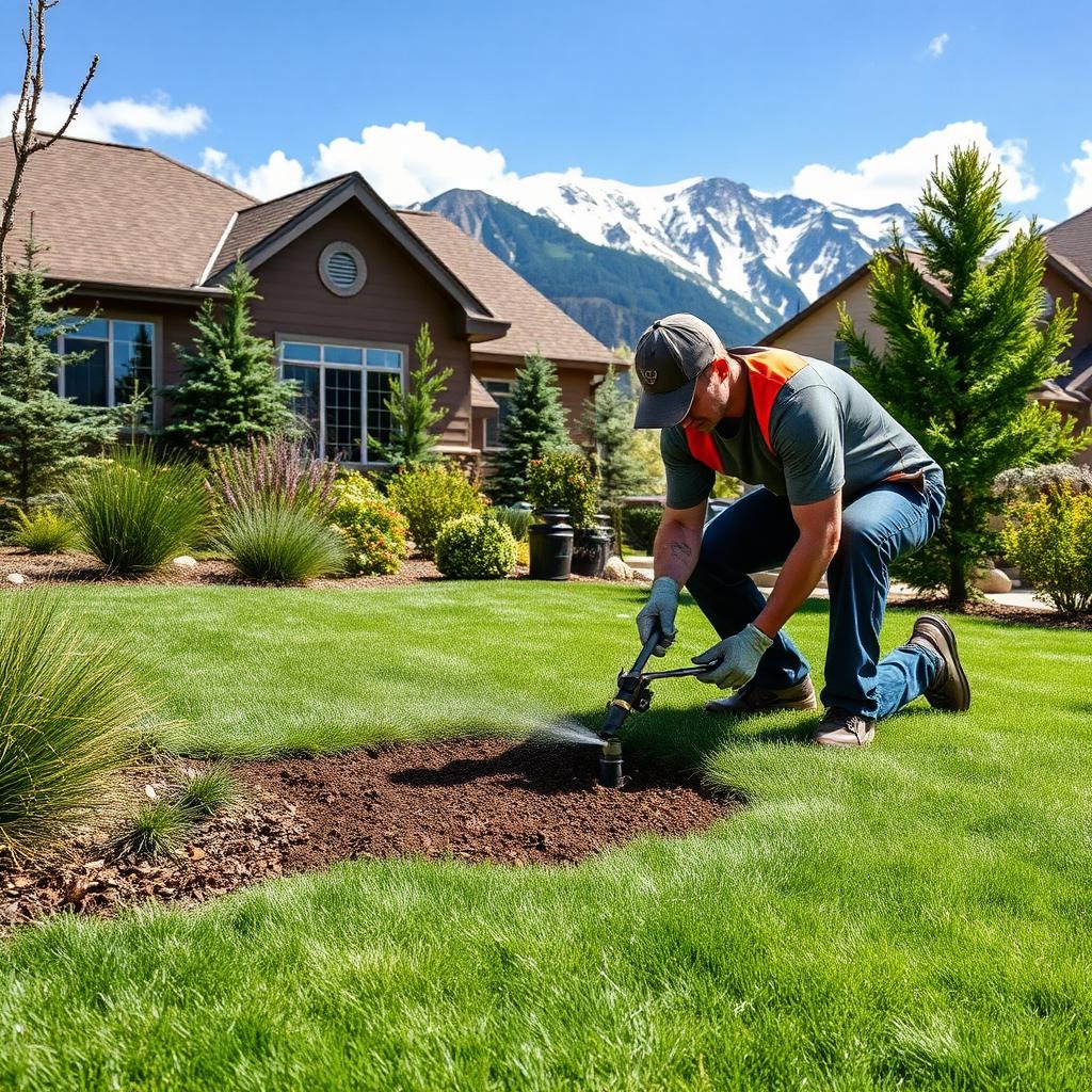 Colorado landscaper installing turf and sprinkler heads at a Front Range home