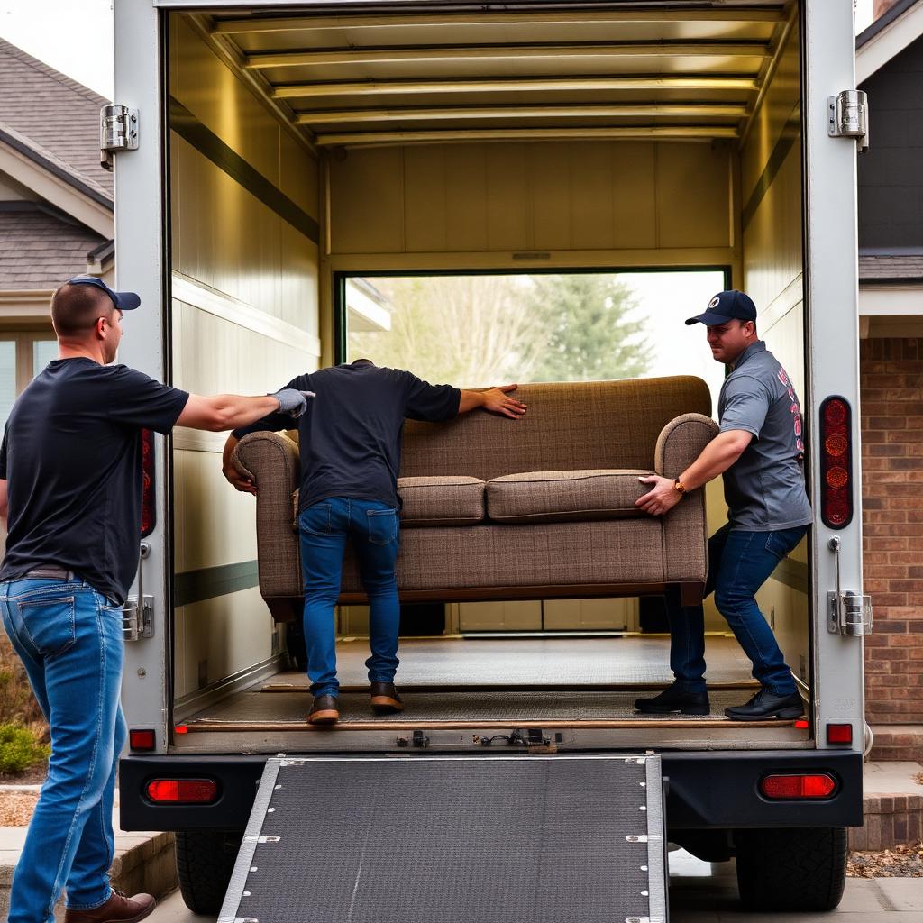 Colorado movers loading a sofa into a moving truck at a residential home
