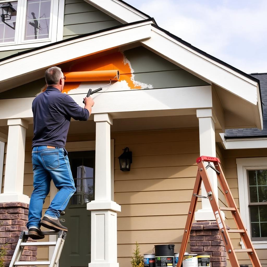 Colorado house painter rolling exterior paint on craftsman siding