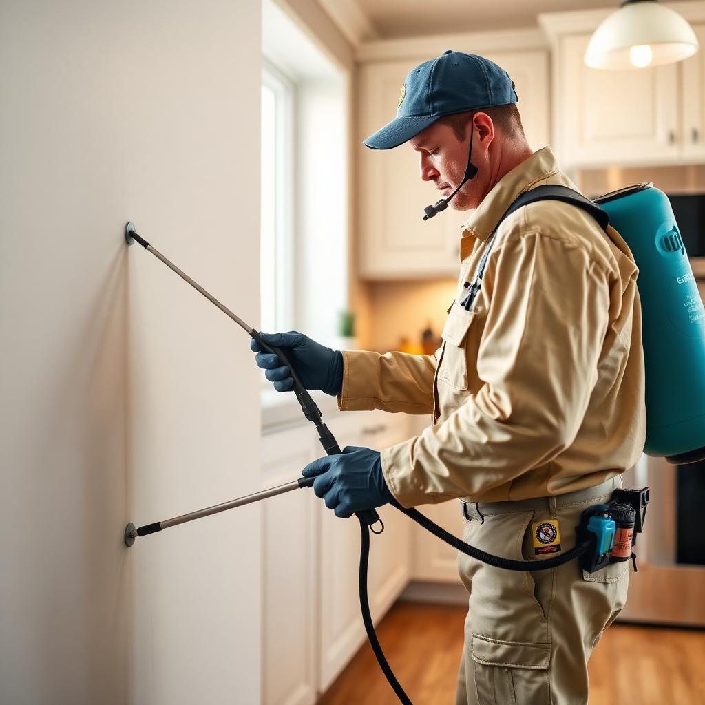Colorado pest control technician treating a residential kitchen with a sprayer
