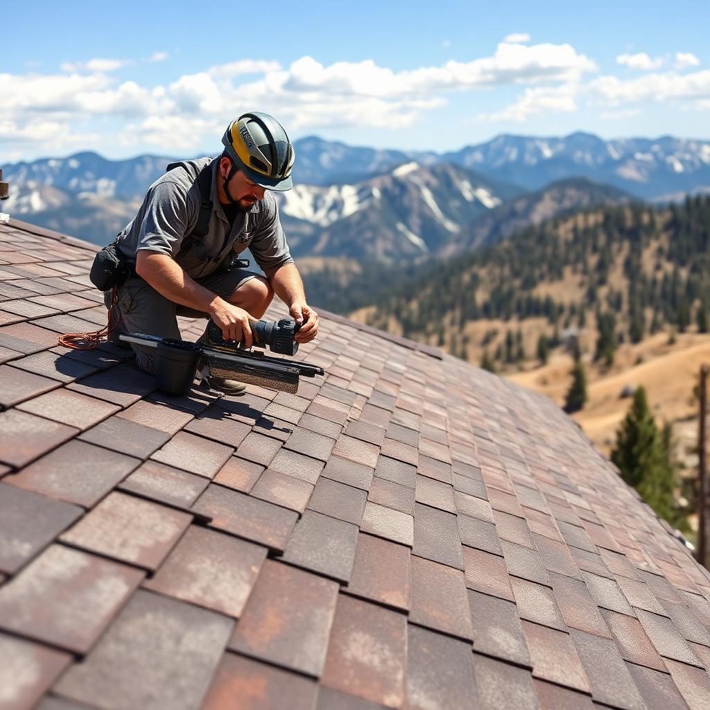 Colorado roofing crew installing impact-resistant shingles with mountain views