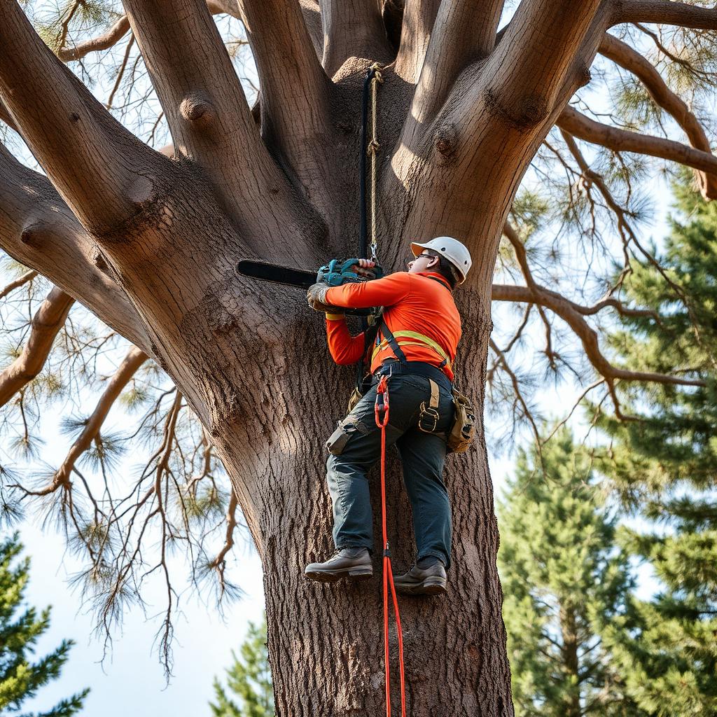 Colorado arborist climbing a large tree with chainsaw and harness