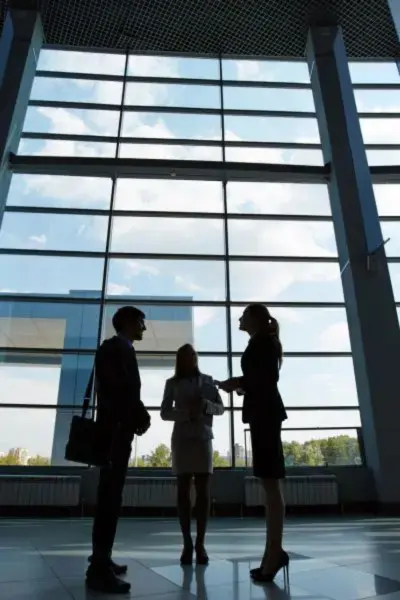 Silhouetted business meeting in front of large window.