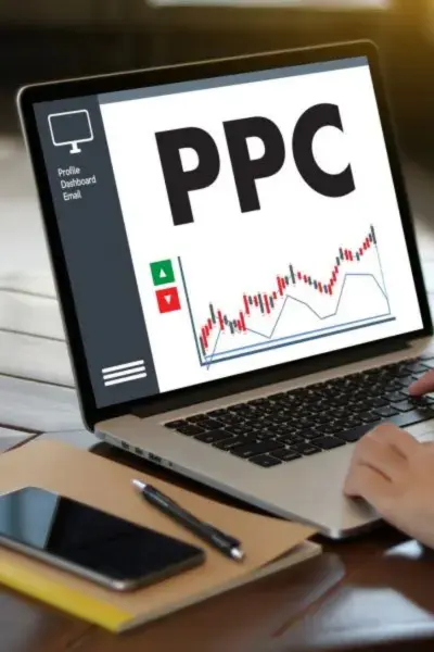 Laptop displaying PPC graph and analytics.