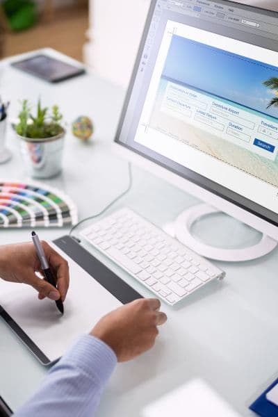 Designer working on beach-themed website on computer.