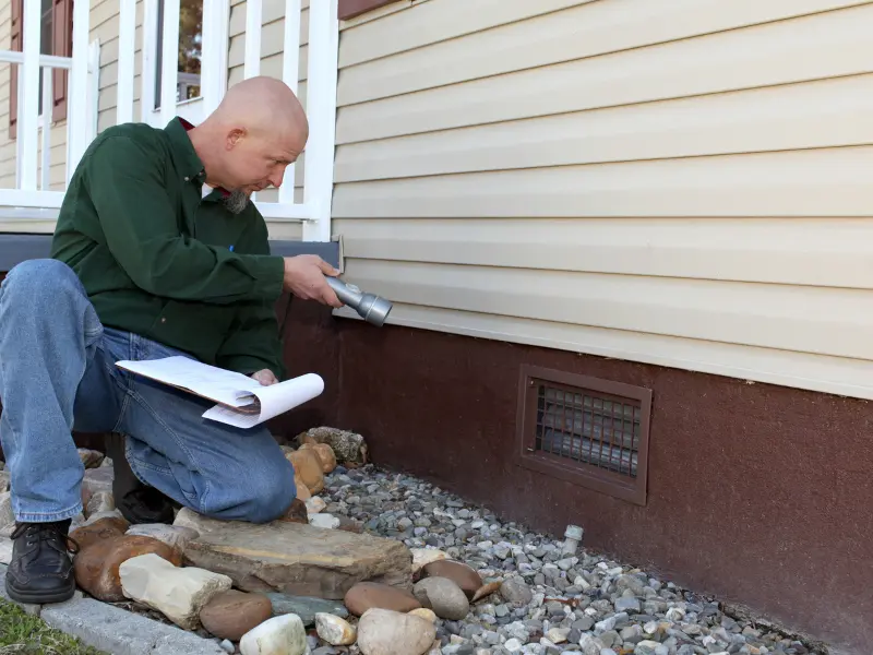 home inspectors internet marketing Inspector examining house foundation with flashlight, clipboard.