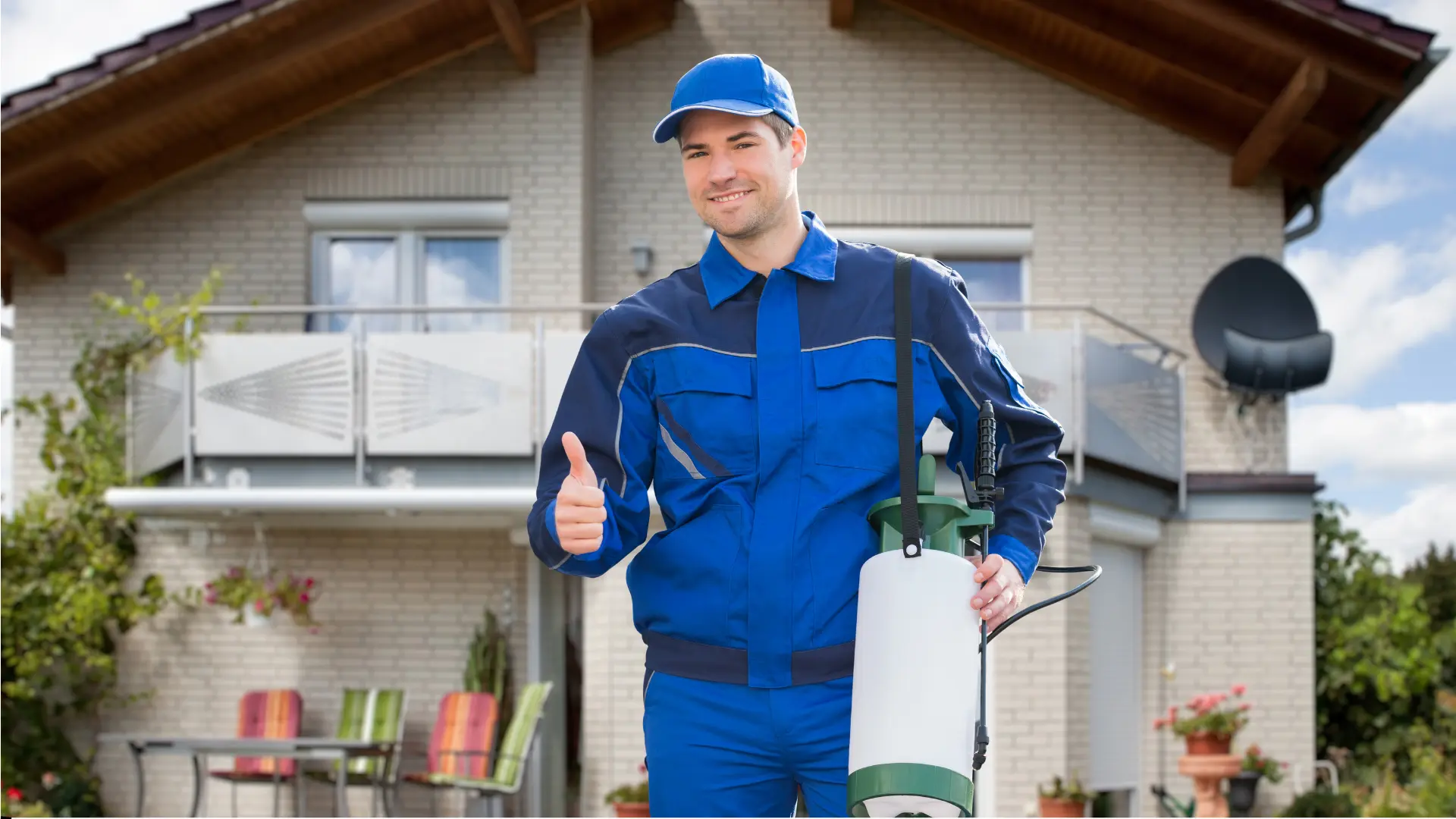 Pest control worker with spray and thumbs up.