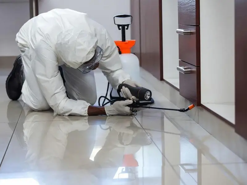 Exterminator inspecting kitchen for pests in protective gear.